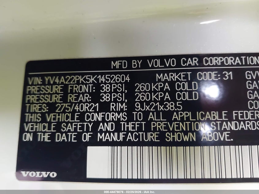 2019 Volvo Xc90 VIN YV4A22PK5K1452604 IAAI salvage auction — RIGHT FRONT, Salvage Title, sold $9,300 on 2026-07-16 (photo 9)