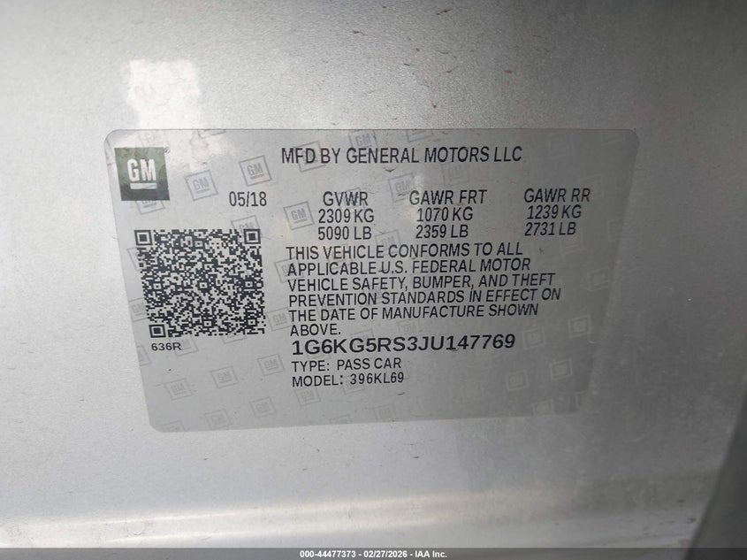 2018 Cadillac Ct6 VIN 1G6KG5RS3JU147769 IAAI salvage auction — FRONT END, Original (Texas), sold $2,150 on 2026-08-03 (photo 9)
