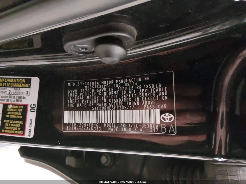 2015 Toyota Corolla VIN 5YFBURHE5FP205717 IAAI salvage auction — FRONT END, Salvage (Iowa), sold $25 on 2026-07-28 (photo 9)