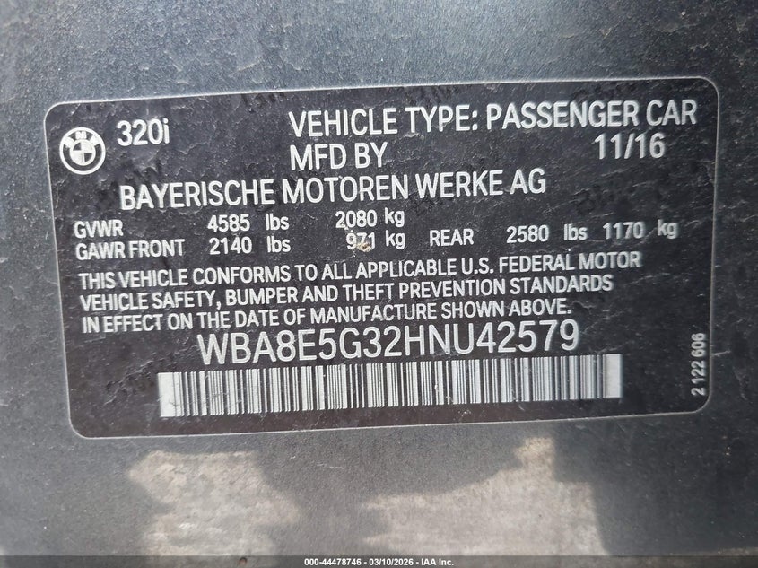2017 BMW 3er VIN WBA8E5G32HNU42579 IAAI salvage auction — FRONT END, Salvage - Greater Than 75% (Maryland), sold $1,550 on 2026-07-31 (photo 9)