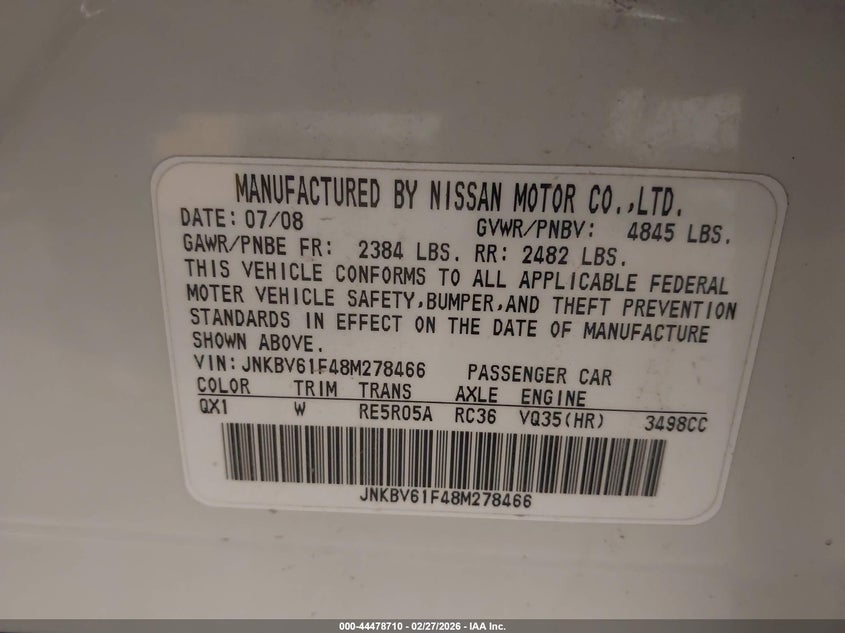 2008 Infiniti G VIN JNKBV61F48M278466 IAAI salvage auction — LEFT FRONT, Certificate Of Title (Nebraska), sold $750 on 2026-07-19 (photo 9)