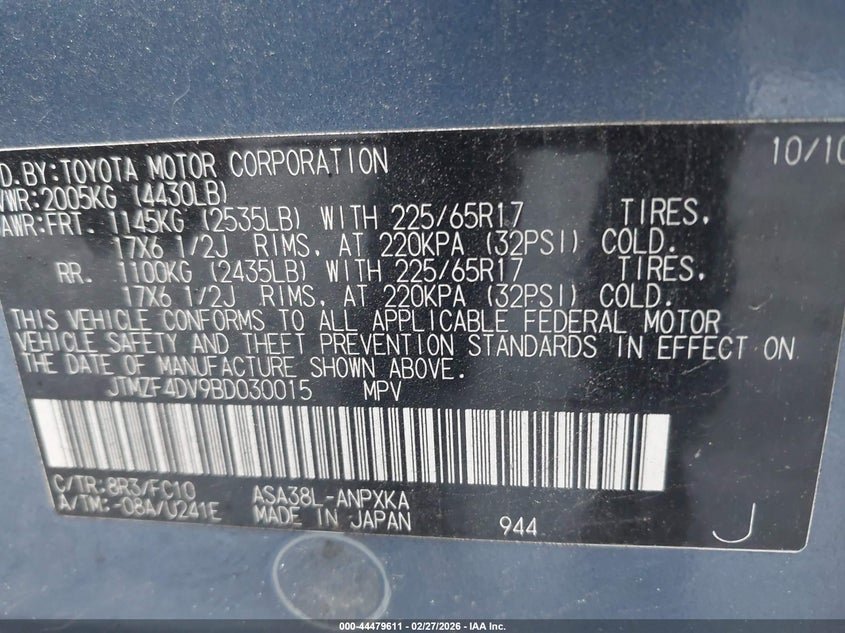 2011 Toyota Rav4 VIN JTMZF4DV9BD030015 IAAI salvage auction — FRONT END, Salvage (North Carolina), sold $250 on 2026-07-23 (photo 9)