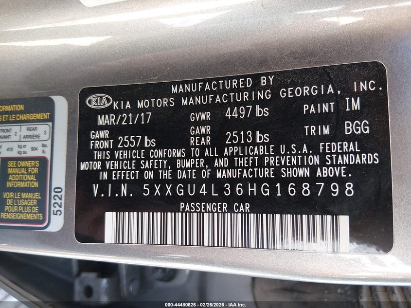 2017 Kia Optima VIN 5XXGU4L36HG168798 IAAI salvage auction — LEFT FRONT, Salvage Title, sold $1,850 on 2026-07-06 (photo 9)