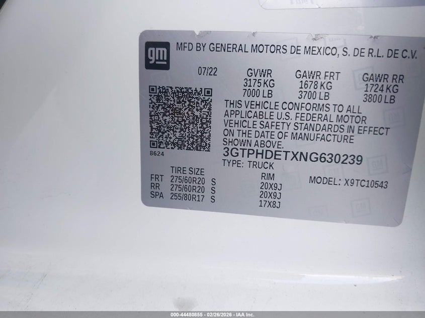 2022 Gmc SIERRA VIN 3GTPHDETXNG630239 IAAI salvage auction — FRONT END, Salvage Title, sold $9,500 on 2026-07-11 (photo 9)