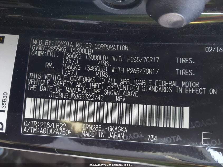 2016 Toyota 4runner VIN JTEBU5JR8G5322742 IAAI salvage auction — FRONT END, Salvage Title, sold $4,300 on 2026-07-26 (photo 9)