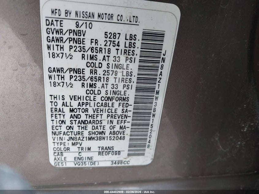 2011 Nissan Murano VIN JN8AZ1MW3BW152048 IAAI salvage auction — FRONT END, Salvage (Idaho), sold $250 on 2026-07-14 (photo 9)