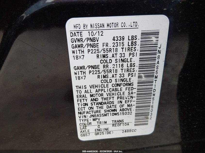 2013 Nissan Rogue VIN JN8AS5MT1DW515032 IAAI salvage auction — RIGHT FRONT, Salvage (Georgia), sold $650 on 2026-07-17 (photo 9)