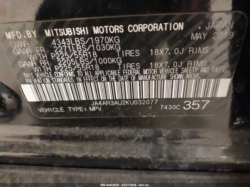 2019 Mitsubishi Outlander VIN JA4AR3AU2KU032077 IAAI salvage auction — FRONT END, Salvage (Minnesota), sold $925 on 2026-07-07 (photo 9)