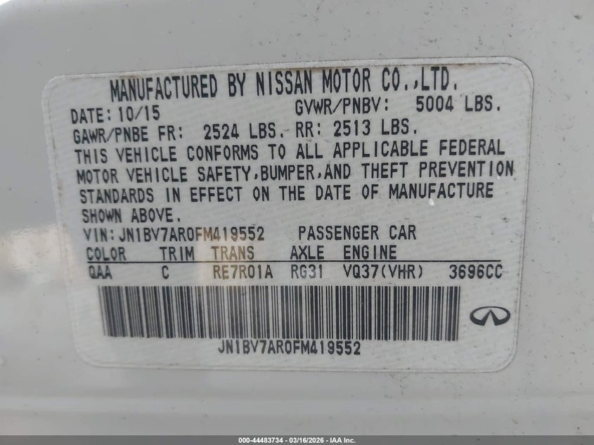2015 Infiniti Q50 VIN JN1BV7AR0FM419552 IAAI salvage auction — RIGHT REAR, Salvage Title, sold $1,850 on 2026-07-29 (photo 9)
