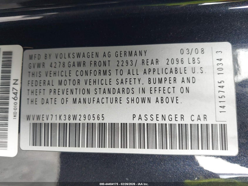 2008 Volkswagen Gti VIN WVWEV71K38W290565 IAAI salvage auction — FRONT & REAR, Rebuildable (Florida), sold $375 on 2026-08-18 (photo 9)