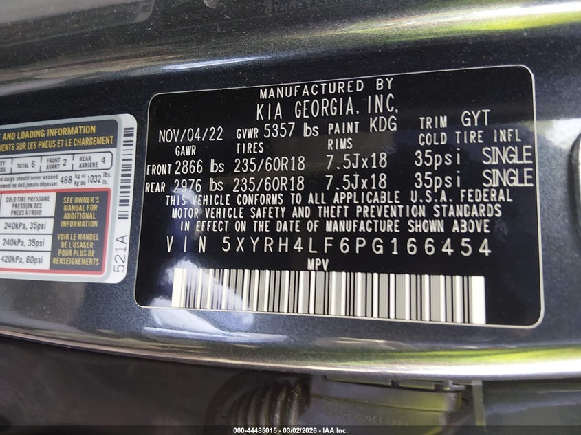 2023 Kia Sorento VIN 5XYRH4LF6PG166454 IAAI salvage auction — REAR END, Salvage (New Jersey), sold $7,900 on 2026-07-27 (photo 9)