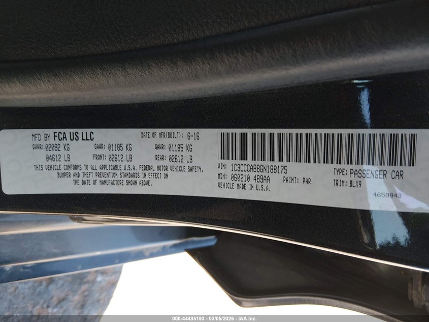 2016 Chrysler 200 VIN 1C3CCCAB8GN188175 IAAI salvage auction — FRONT END, Salvage Title, sold $25 on 2026-08-26 (photo 9)