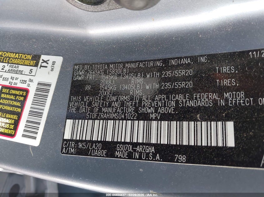2021 Toyota Highlander VIN 5TDFZRAHXMS041022 IAAI salvage auction — FRONT & REAR, Salvage Title, sold $5,825 on 2026-07-23 (photo 9)