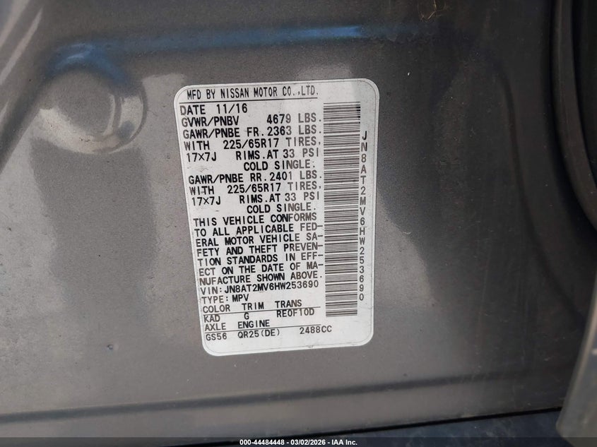 2017 Nissan Rogue VIN JN8AT2MV6HW253690 IAAI salvage auction — FRONT END, Salvage Title, sold $3,050 on 2026-08-02 (photo 9)