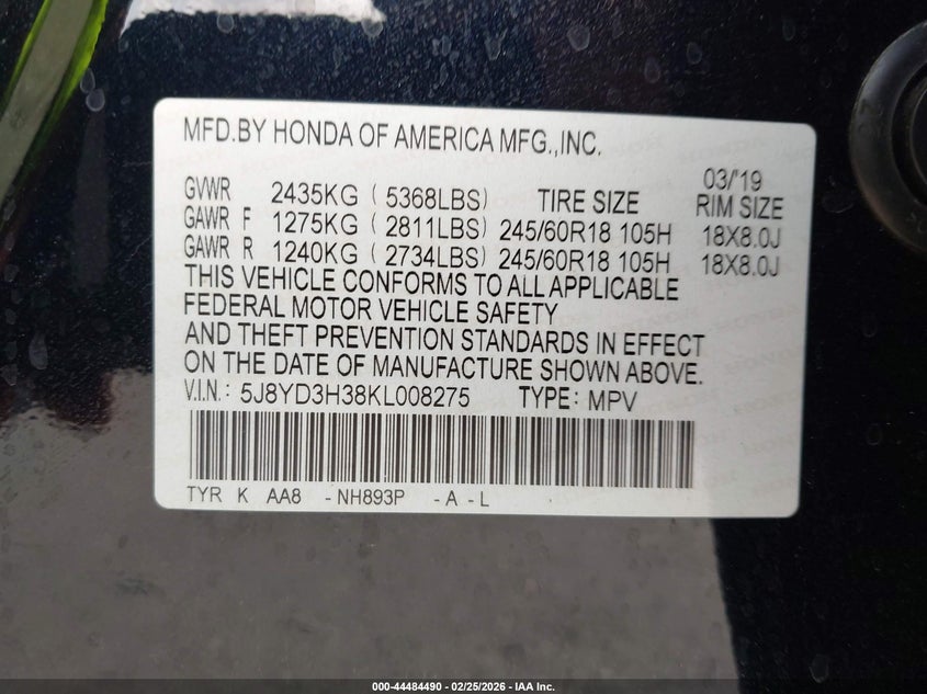 2019 Acura Mdx VIN 5J8YD3H38KL008275 IAAI salvage auction — SIDE, Salvage Title, sold $3,750 on 2026-07-29 (photo 9)