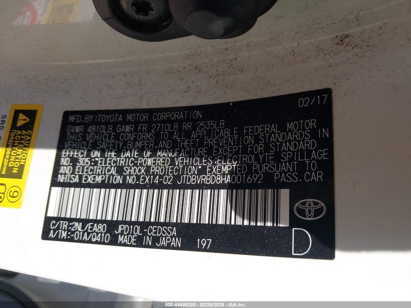 2017 Toyota Mirai VIN JTDBVRBD8HA001692 IAAI salvage auction — FRONT END, Salvage (California), sold $200 on 2026-07-29 (photo 9)