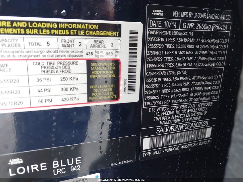 2014 Land rover Range rover sport VIN SALWR2WF0EA502038 IAAI salvage auction — FRONT END, Salvage Title, sold $1,050 on 2026-07-29 (photo 8)