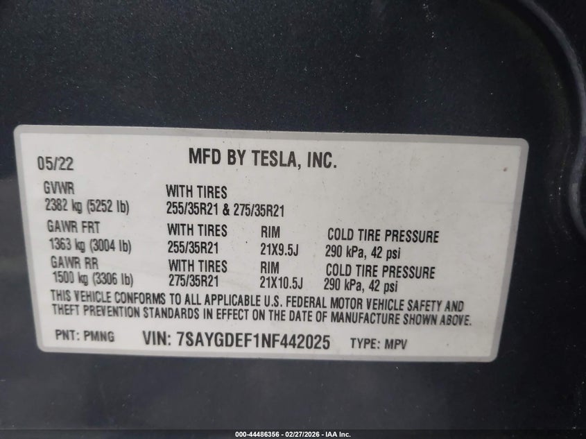 2022 Tesla Model y VIN 7SAYGDEF1NF442025 IAAI salvage auction — VANDALISM, Salvage Title, sold $7,825 on 2026-07-09 (photo 9)