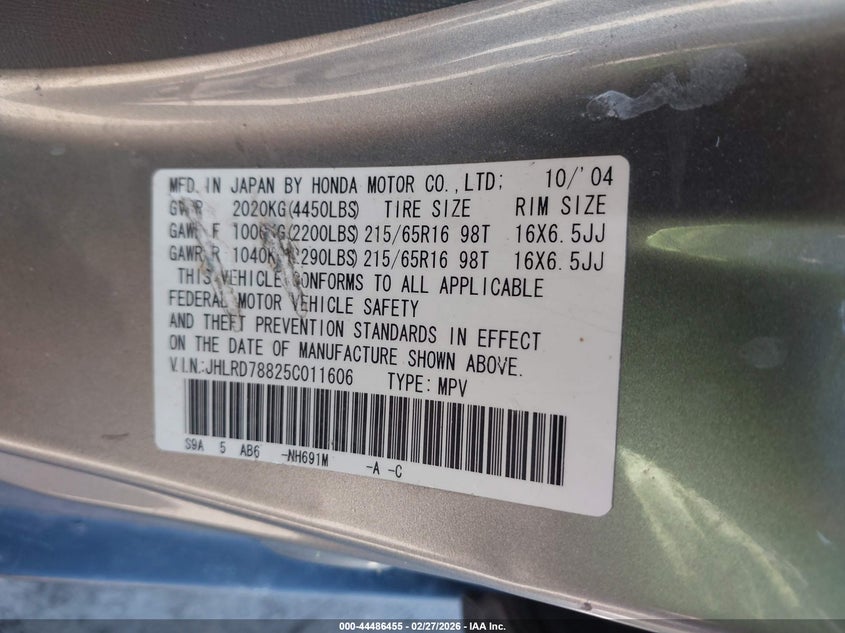 2005 Honda Cr-v VIN JHLRD78825C011606 IAAI salvage auction — FRONT END, Salvage (Idaho), sold $25 on 2026-07-21 (photo 9)