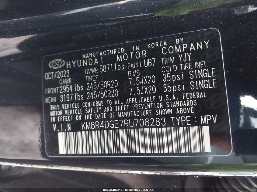 2024 Hyundai Palisade VIN KM8R4DGE7RU708283 IAAI salvage auction — ENGINE DAMAGE, Salvage Title, sold $1,050 on 2026-07-27 (photo 9)