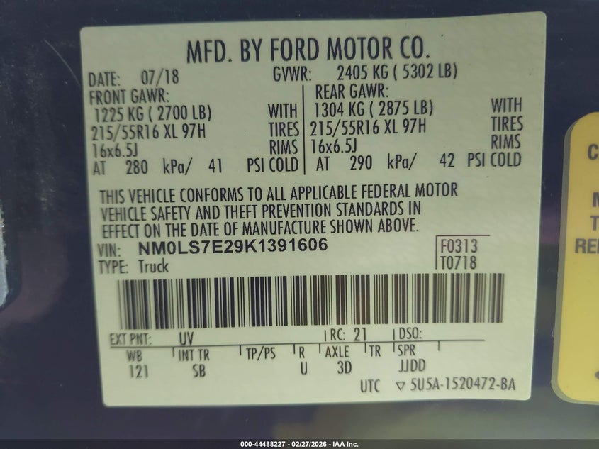 2019 Ford Transit VIN NM0LS7E29K1391606 IAAI salvage auction — REAR END, Salvage Title, sold $3,250 on 2026-07-30 (photo 9)