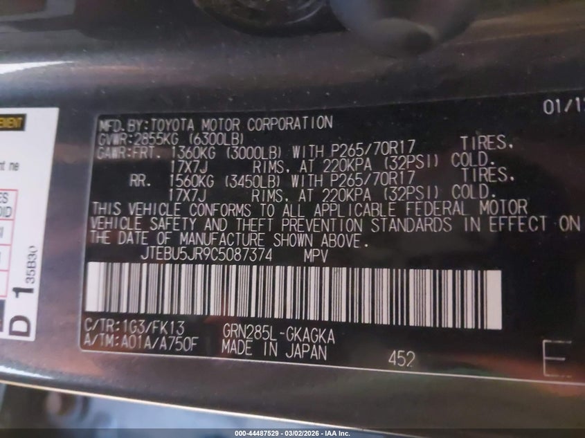 2012 Toyota 4runner VIN JTEBU5JR9C5087374 IAAI salvage auction — FRONT END, Other, sold $3,450 on 2026-07-26 (photo 9)