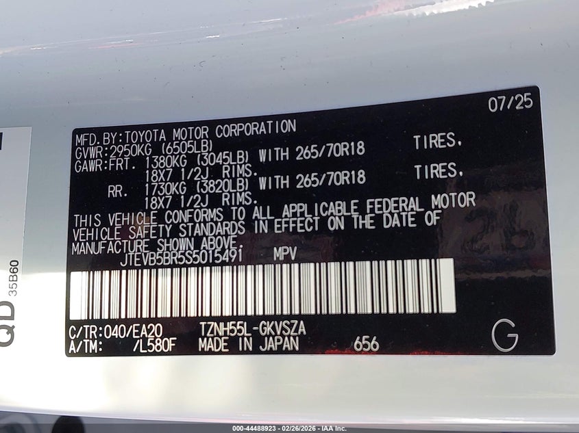 2025 Toyota 4runner VIN JTEVB5BR5S5015491 IAAI salvage auction — ROLLOVER, Salvage (Texas), sold $26,100 on 2026-07-07 (photo 9)
