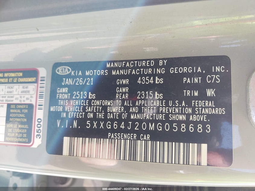 2021 Kia K5 VIN 5XXG64J20MG058683 IAAI salvage auction — FRONT END, Salvage Title, sold $4,675 on 2026-07-10 (photo 9)
