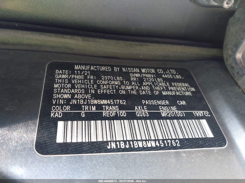 2021 Nissan Rogue VIN JN1BJ1BW8MW451762 IAAI salvage auction — FRONT END, Salvage Title, sold $2,500 on 2026-07-29 (photo 9)
