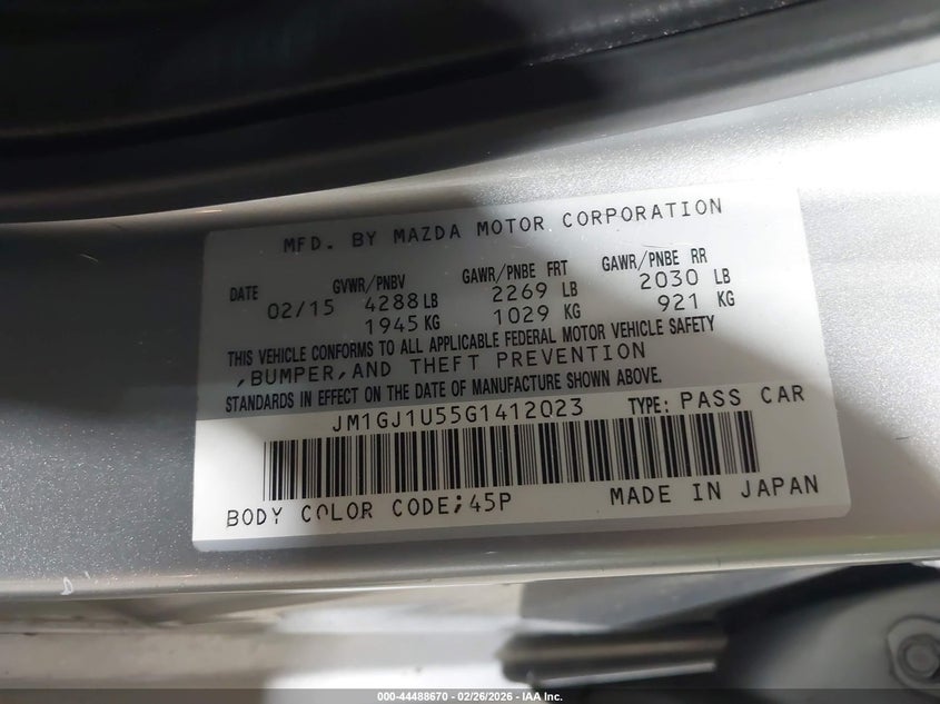 2016 Mazda 6 VIN JM1GJ1U55G1412023 IAAI salvage auction — RIGHT SIDE, Salvage (North Carolina), sold $1,975 on 2026-07-30 (photo 9)