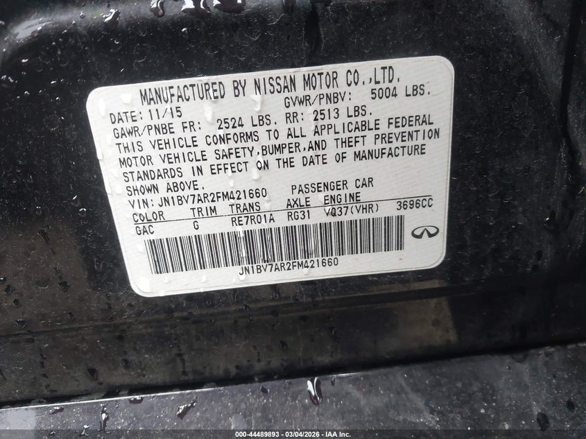 2015 Infiniti Q50 VIN JN1BV7AR2FM421660 IAAI salvage auction — SIDE, Salvage Title, sold $2,600 on 2026-07-16 (photo 9)