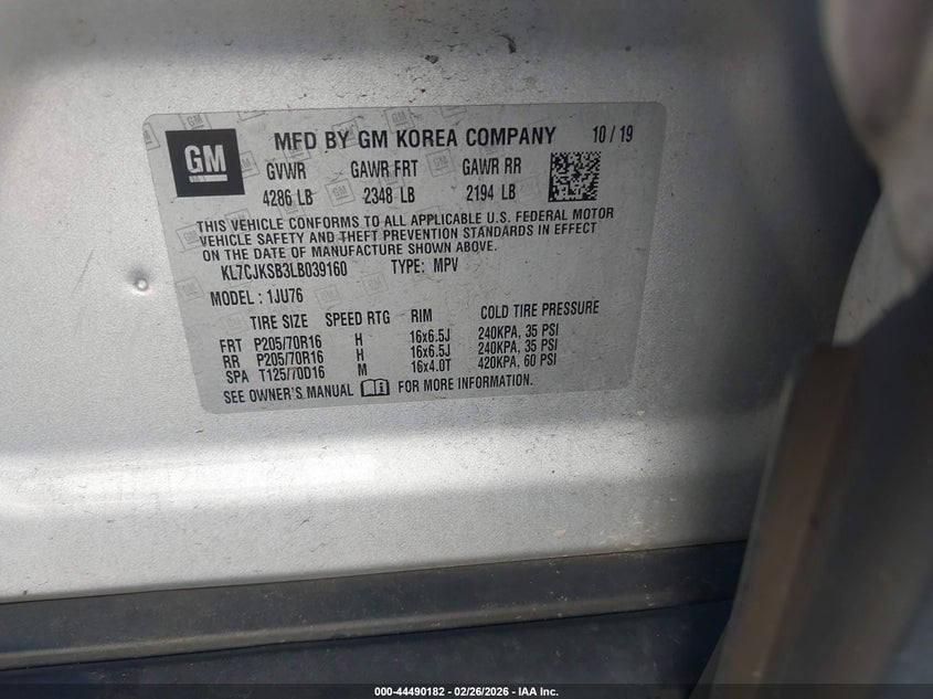2020 Chevrolet Trax VIN KL7CJKSB3LB039160 IAAI salvage auction — FRONT END, Salvage Title, sold $1,700 on 2026-07-22 (photo 9)
