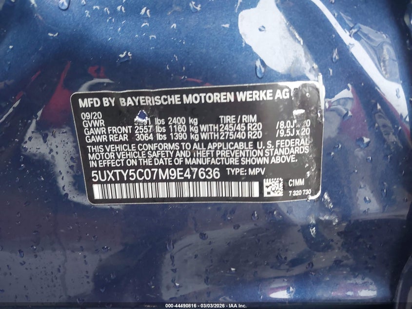 2021 BMW X3 VIN 5UXTY5C07M9E47636 IAAI salvage auction — LEFT SIDE, Salvage Title, sold $13,425 on 2026-07-07 (photo 9)