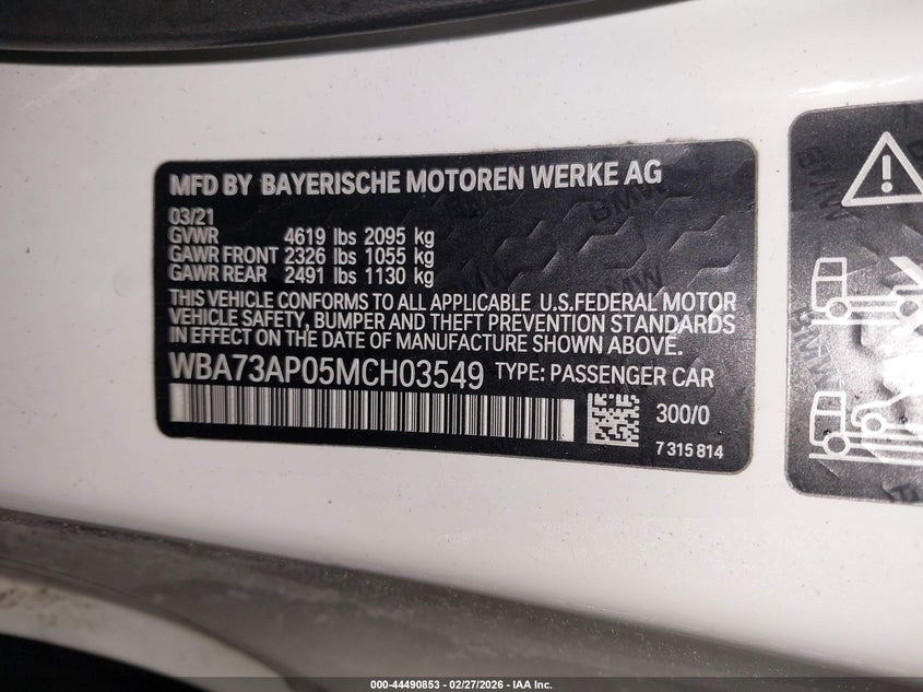 2021 BMW 4er VIN WBA73AP05MCH03549 IAAI salvage auction — FRONT END, Salvage Title, sold $15,200 on 2026-08-19 (photo 9)