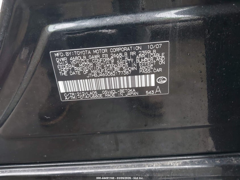 2008 Lexus Es 350 VIN JTHBJ46G082177387 IAAI salvage auction — LEFT FRONT, Reconstructed (Massachusetts), sold $775 on 2026-07-31 (photo 9)