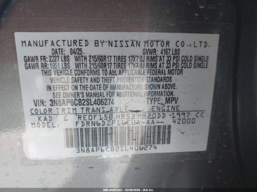 2025 Nissan Kicks VIN 3N8AP6CB2SL406274 IAAI salvage auction — FRONT END, Salvage Title, sold $4,650 on 2026-07-09 (photo 9)