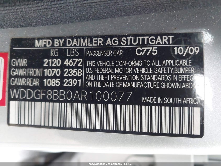 2010 Mercedes-benz C-klasse VIN WDDGF8BB0AR100077 IAAI salvage auction — FRONT END, Salvage (Oregon), sold $475 on 2026-08-18 (photo 9)