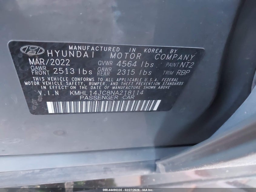 2022 Hyundai Sonata VIN KMHL14JC8NA218114 IAAI salvage auction — FRONT END, Salvage Title, sold $2,750 on 2026-07-15 (photo 9)