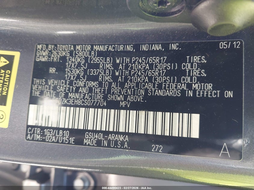 2012 Toyota Highlander VIN 5TDZK3EH8CS077704 IAAI salvage auction — LEFT SIDE, Salvage Title, sold $1,550 on 2026-07-09 (photo 9)