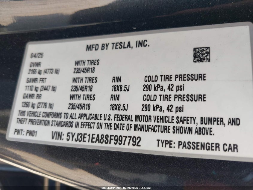 2025 Tesla Model 3 VIN 5YJ3E1EA8SF997792 IAAI salvage auction — RIGHT SIDE, Salvage Title, sold $9,100 on 2026-07-23 (photo 9)