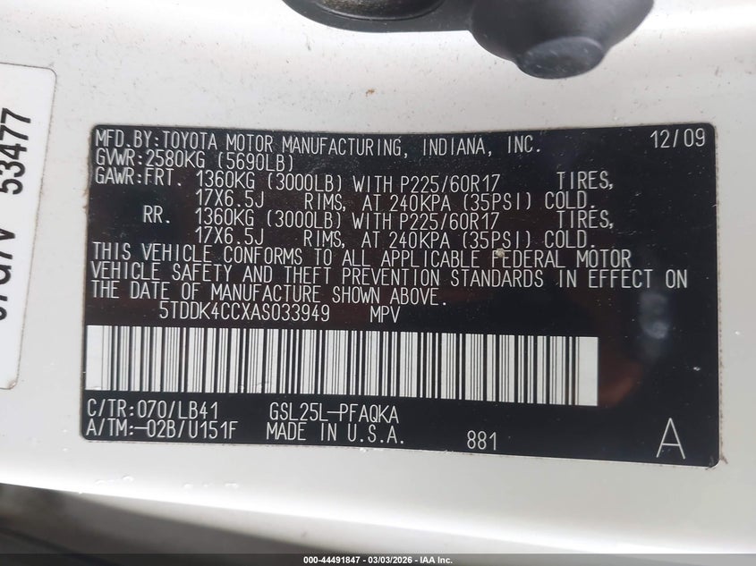 2010 Toyota Sienna VIN 5TDDK4CCXAS033949 IAAI salvage auction — FRONT END, Salvage - Greater Than 75% (Maryland), sold $575 on 2026-07-08 (photo 9)