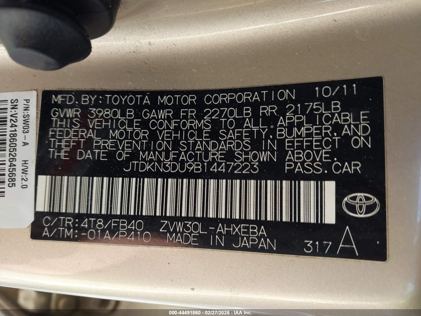 2011 Toyota Prius VIN JTDKN3DU9B1447223 IAAI salvage auction — REAR END, Mv-907A (New York), sold $25 on 2026-07-28 (photo 9)