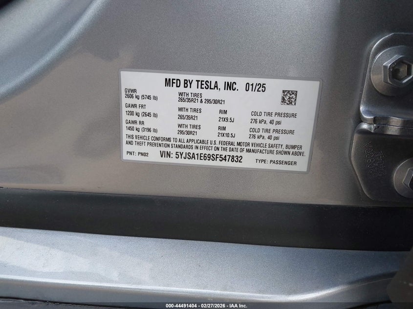 2025 Tesla Model s VIN 5YJSA1E69SF547832 IAAI salvage auction — FRONT END, Salvage Title, sold $52,000 on 2026-07-22 (photo 9)