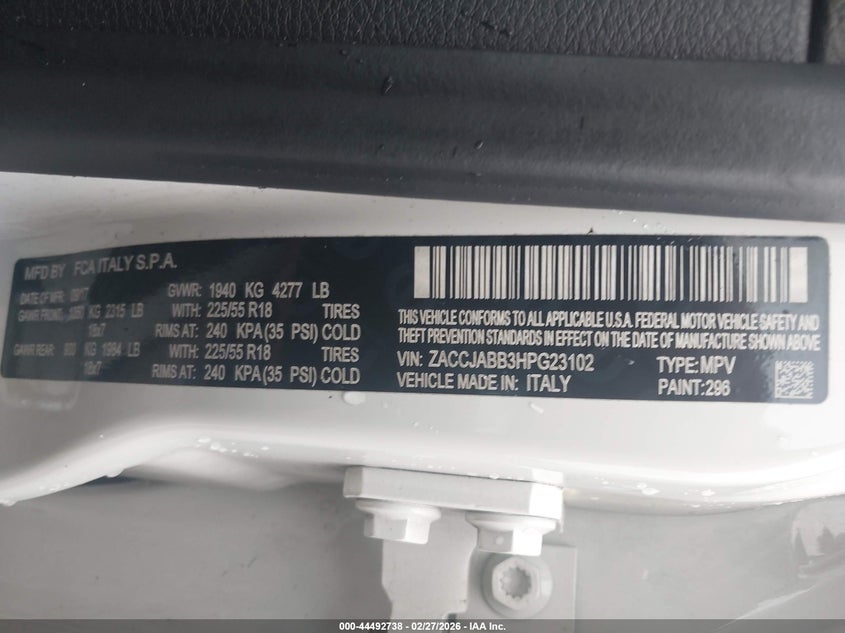 2017 Jeep Renegade VIN ZACCJABB3HPG23102 IAAI salvage auction — FRONT END, Salvage Title, sold $1,000 on 2026-07-28 (photo 9)