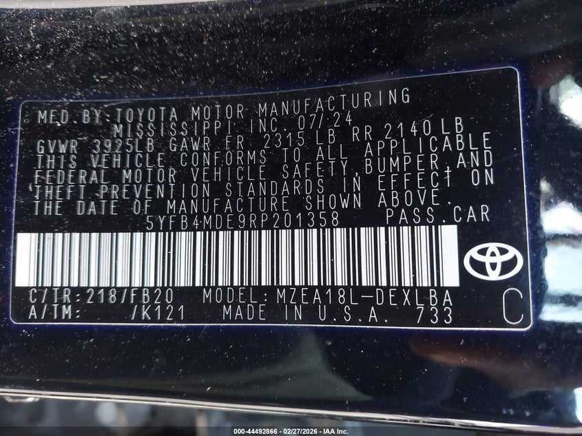 2024 Toyota Corolla VIN 5YFB4MDE9RP201358 IAAI salvage auction — ALL OVER, Salvage Title, sold $2,300 on 2026-07-10 (photo 9)