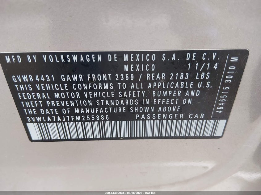 2015 Volkswagen Jetta VIN 3VWLA7AJ7FM255886 IAAI salvage auction — FRONT END, Salvage (West Virginia), sold $1,050 on 2026-07-16 (photo 9)