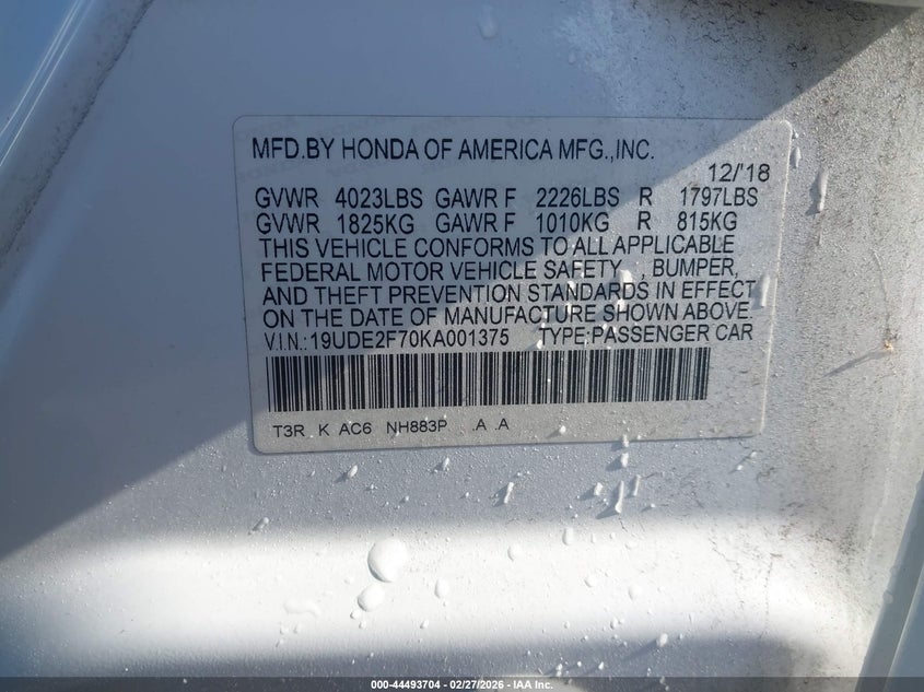 2019 Acura Ilx VIN 19UDE2F70KA001375 IAAI salvage auction — FRONT END, Other, sold $2,200 on 2026-07-27 (photo 9)