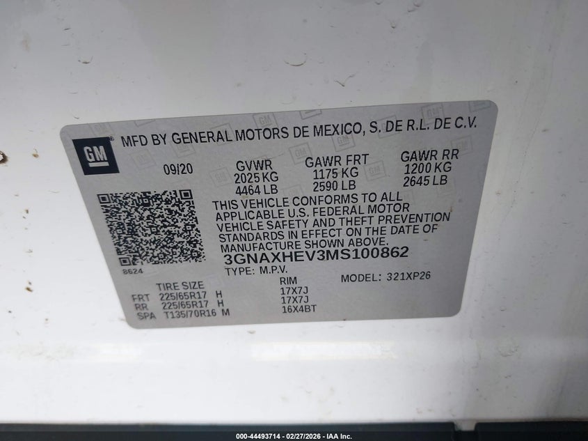 2021 Chevrolet Equinox VIN 3GNAXHEV3MS100862 IAAI salvage auction — RIGHT REAR, Salvage (Michigan), sold $2,575 on 2026-07-24 (photo 9)