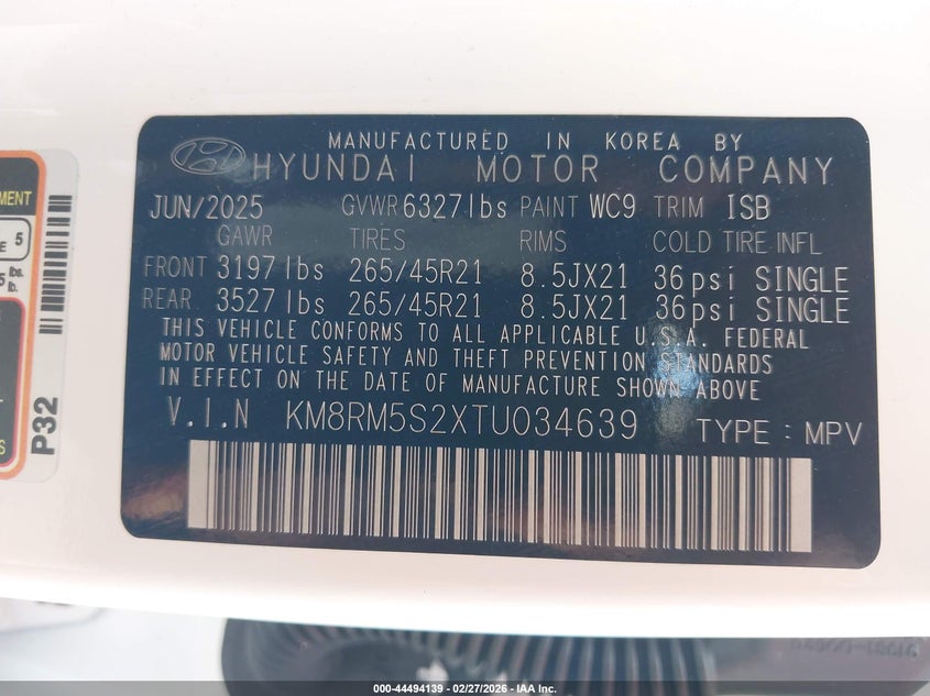 2026 Hyundai Palisade VIN KM8RM5S2XTU034639 IAAI salvage auction — FRONT END, Salvage Title, sold $15,200 on 2026-07-25 (photo 9)