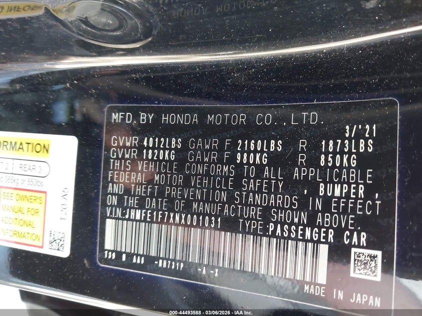 2022 Honda Civic VIN JHMFE1F7XNX001031 IAAI salvage auction — LEFT SIDE, Salvage Title, sold $4,600 on 2026-07-10 (photo 9)